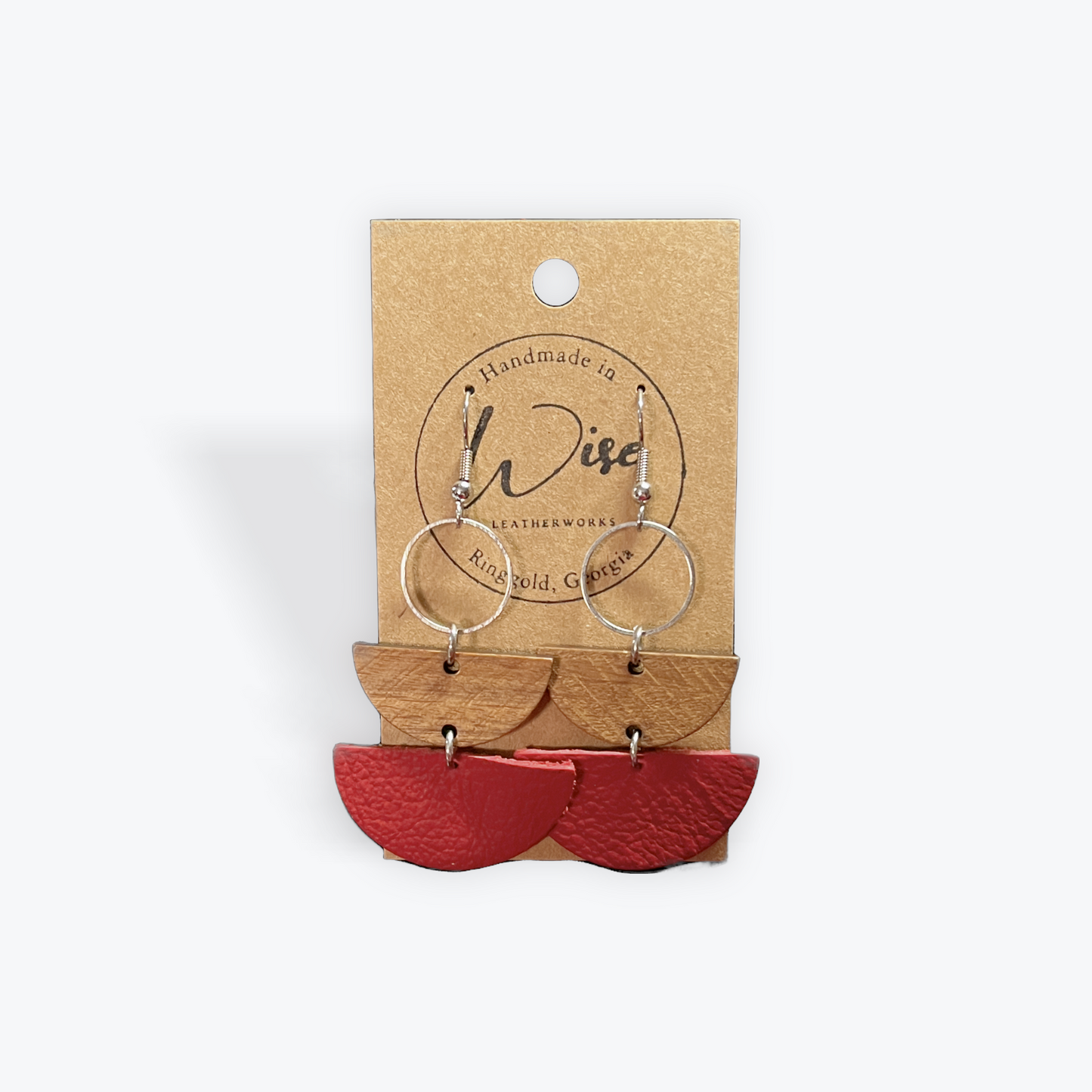 Red and wood leather dangle earrings with silver colored accents