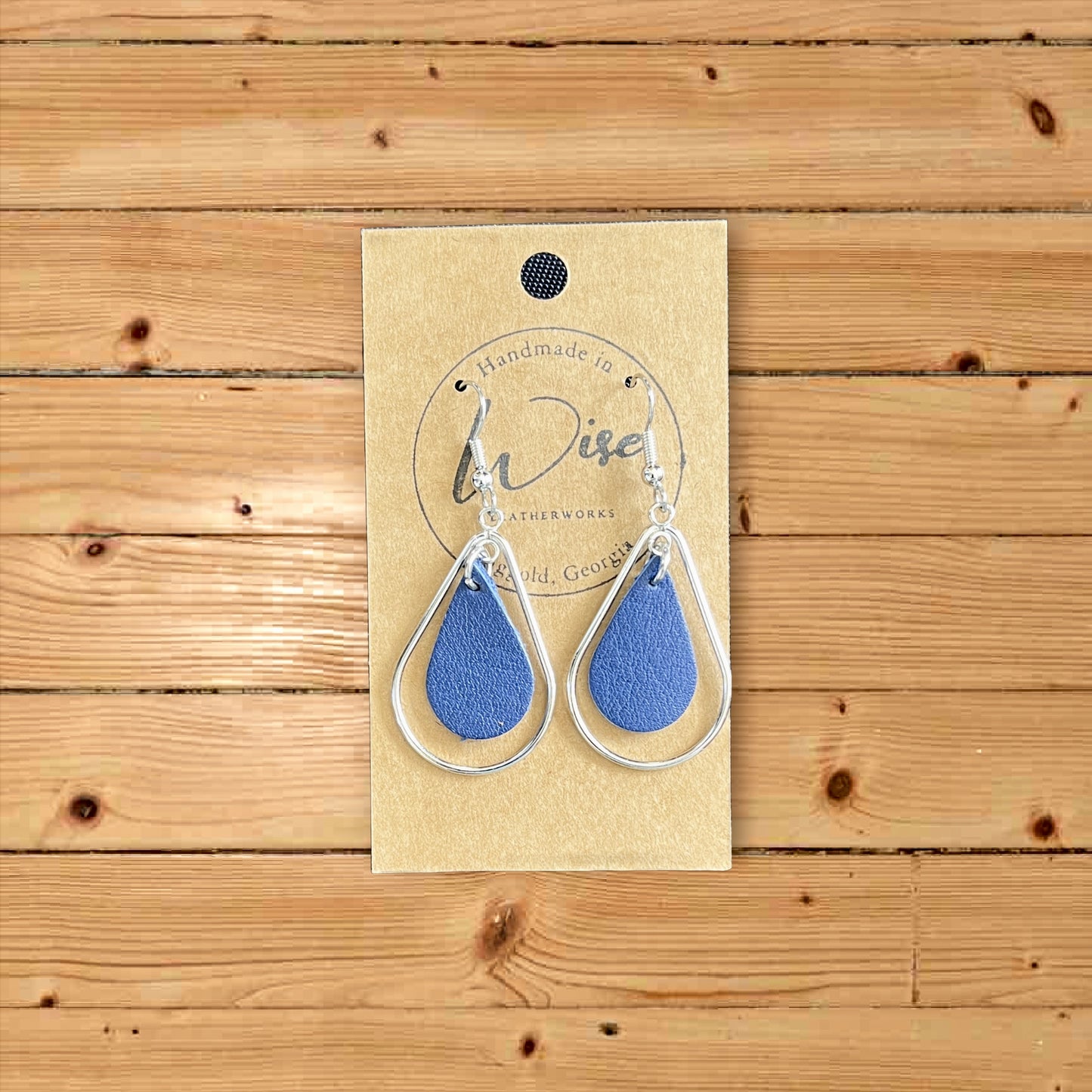 Navy leather with metal teardrop earrings