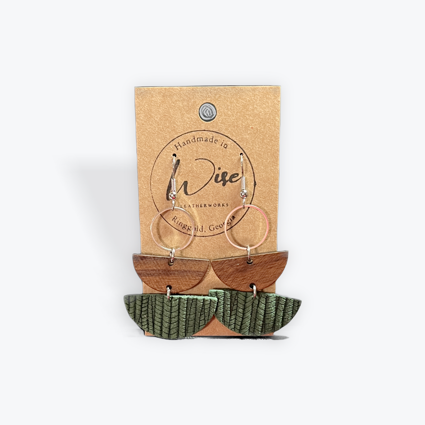 Green and wood leather dangle earrings with silver colored accents