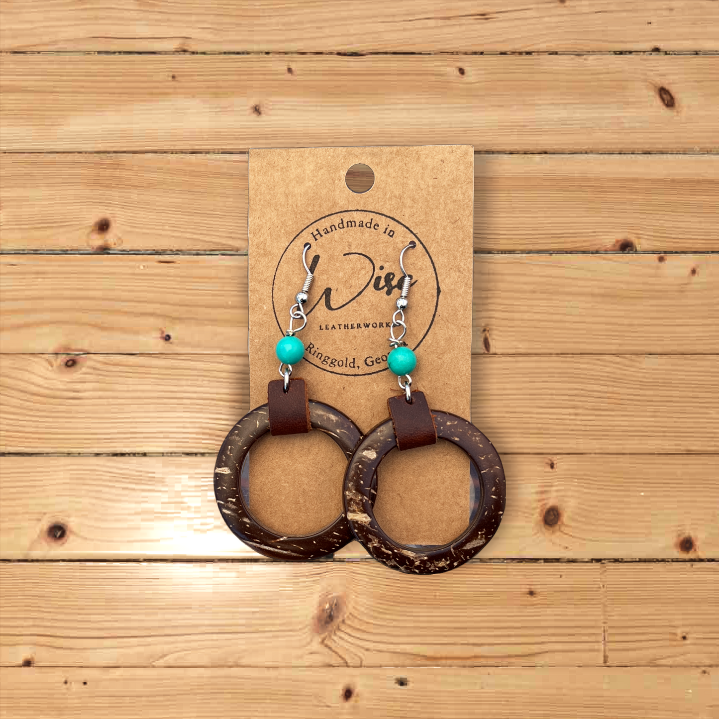 Wood and Leather dangle earrings with turquoise color bead accents