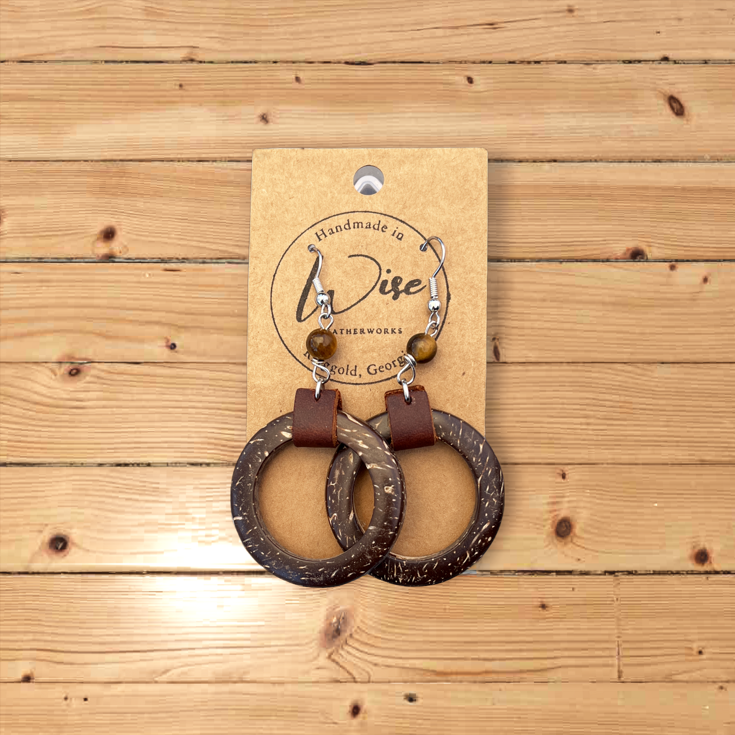 Wood and Leather dangle earrings with bead accents