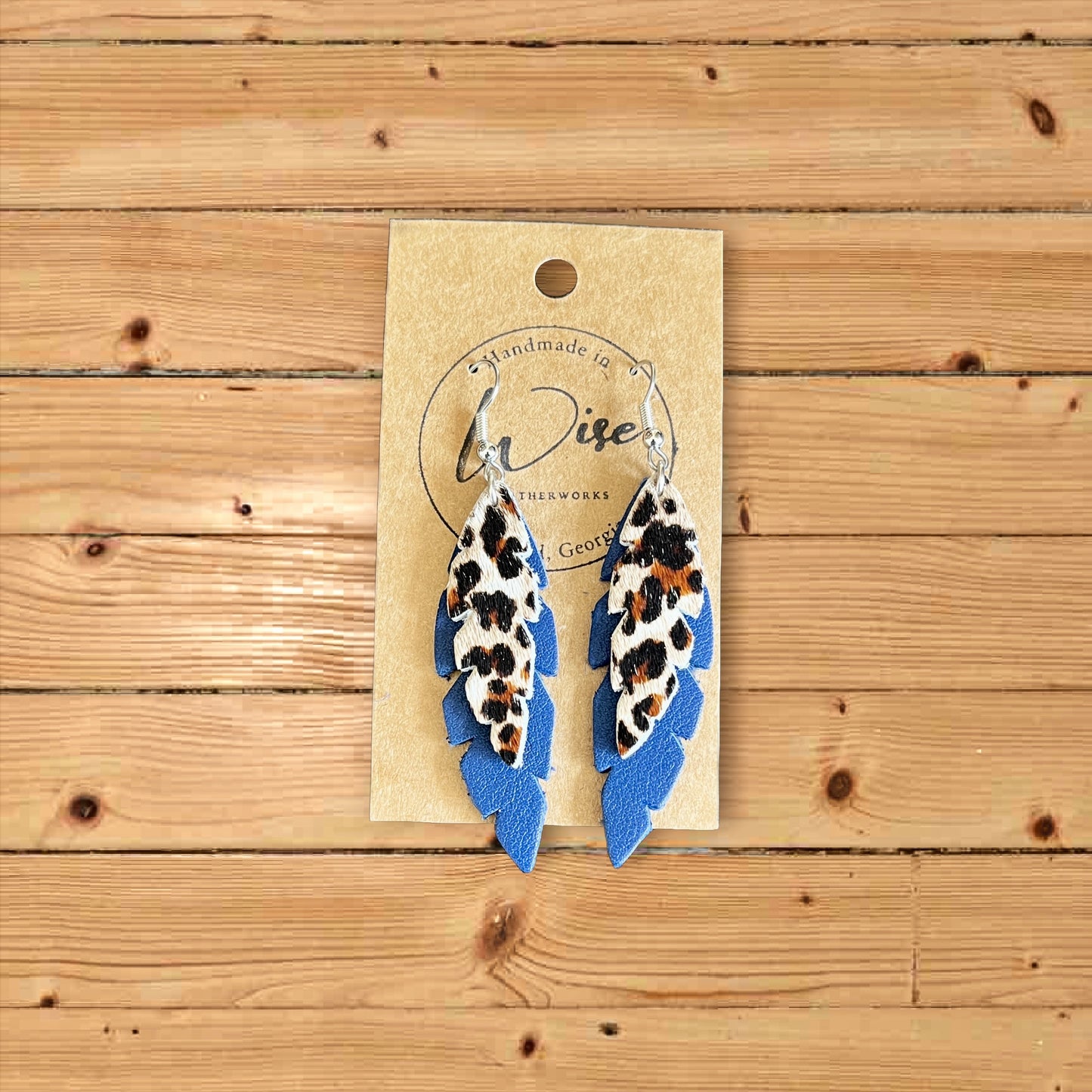 Navy Blue and leopard leaf leather earrings