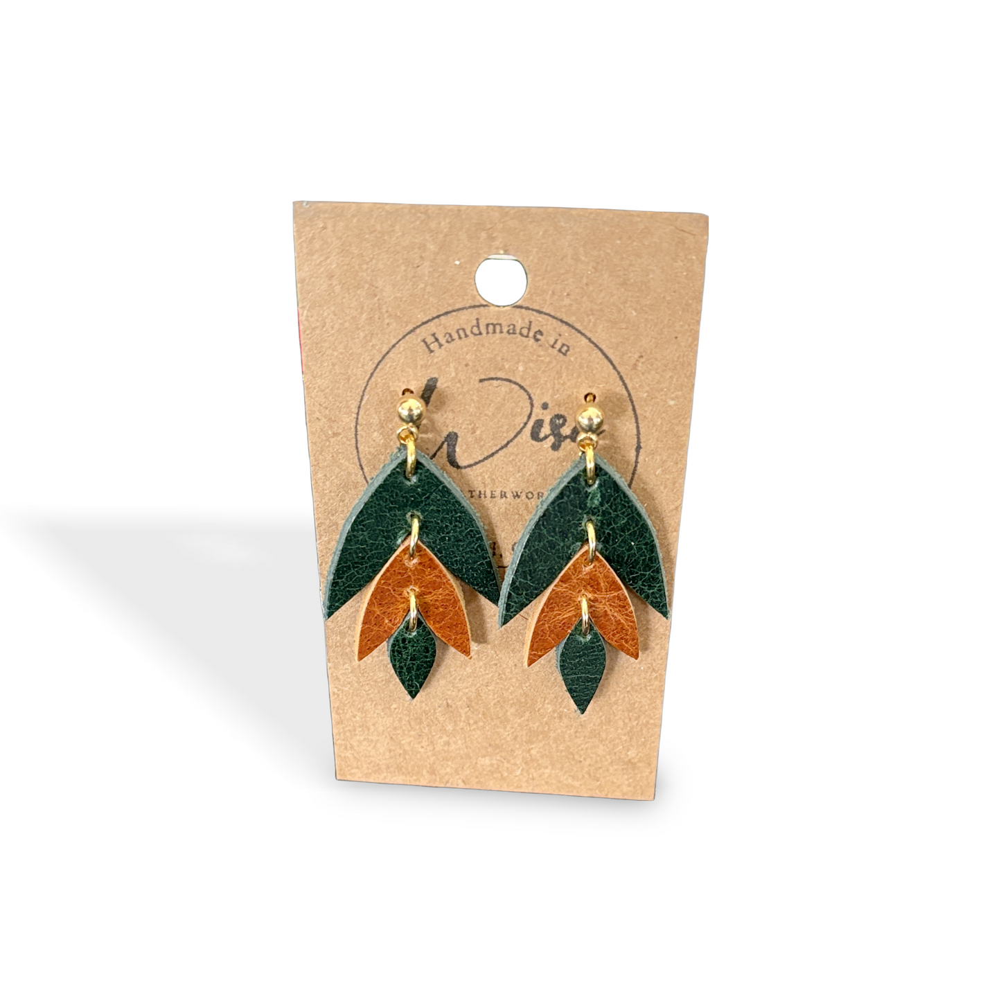Green and Brown laurel Leather Earrings