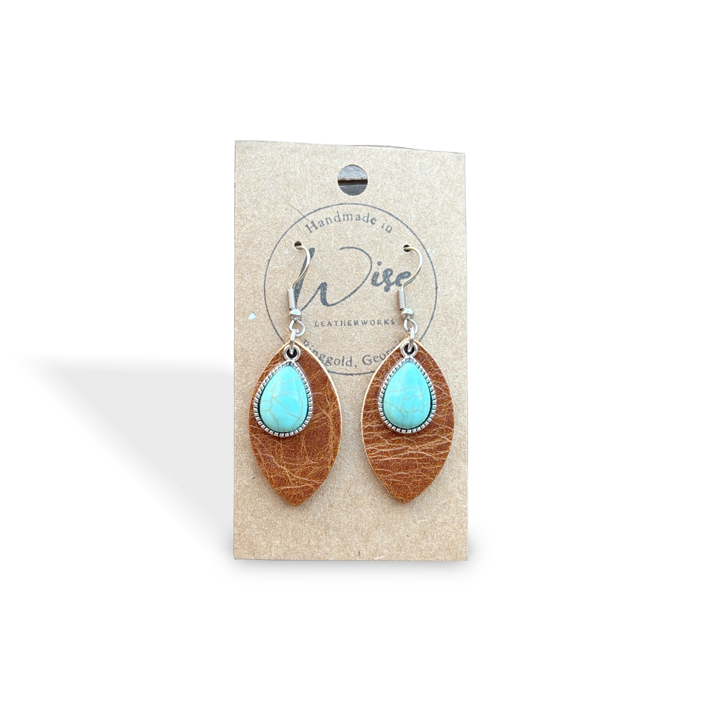 Turquoise charm with brown leather earrings