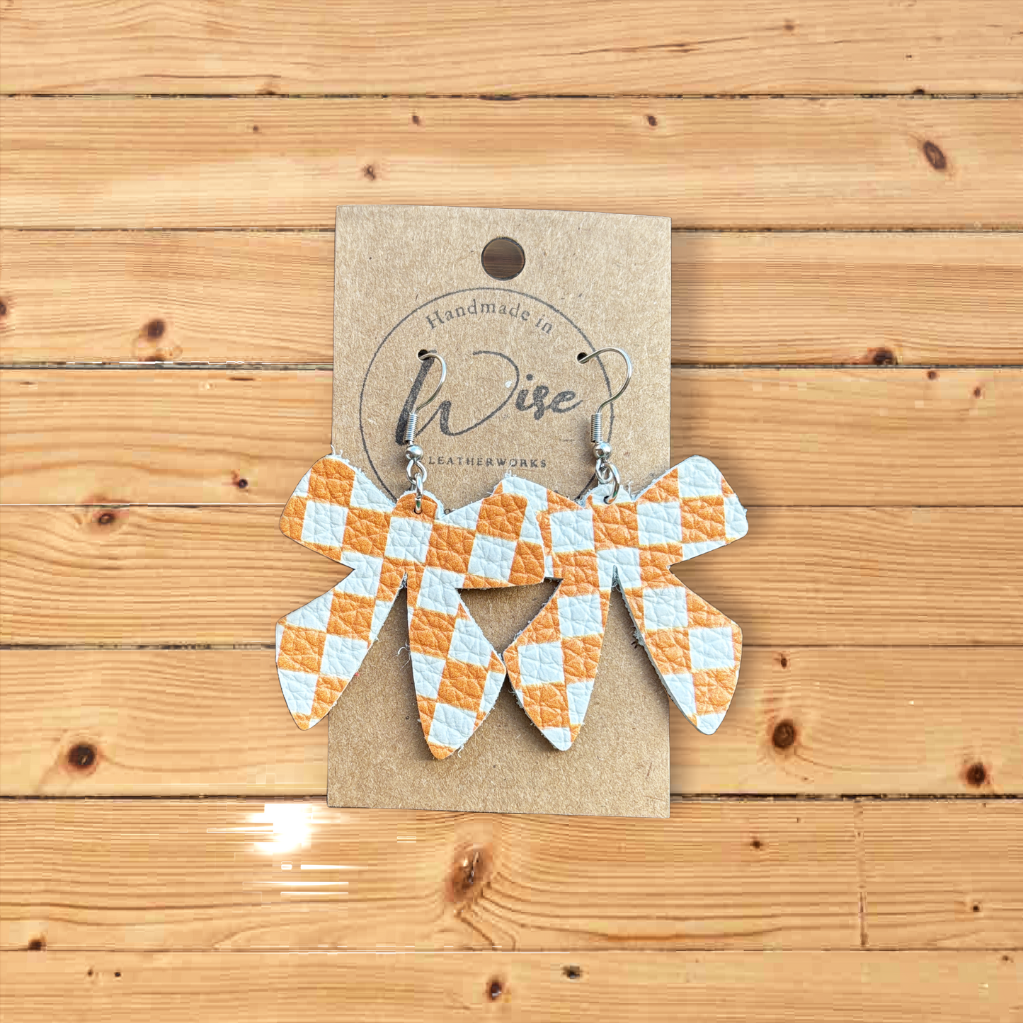 Orange and White checkerboard Bow leather earrings Limited