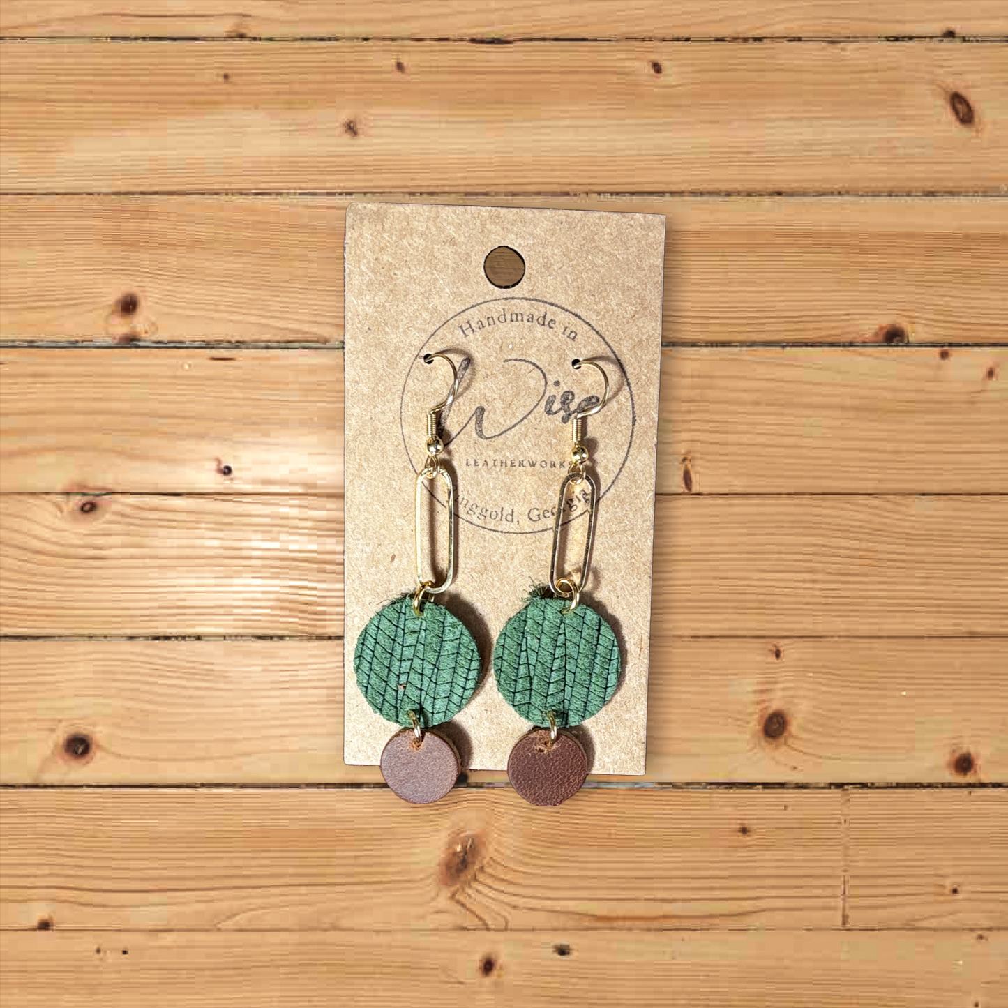 Green and Brown leather dangle earrings with Gold colored accents