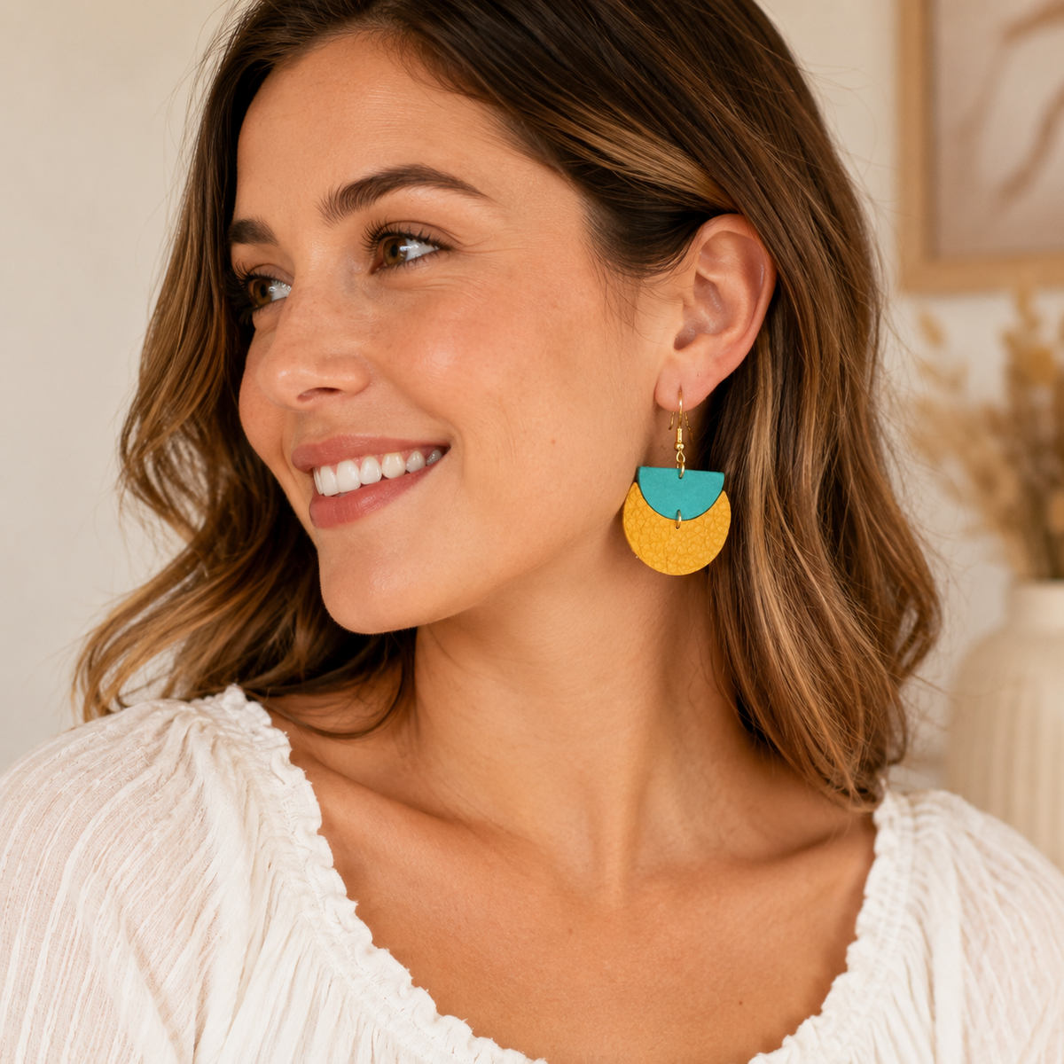 Golden Horizon Leather Earrings (Turquoise and Mustard)