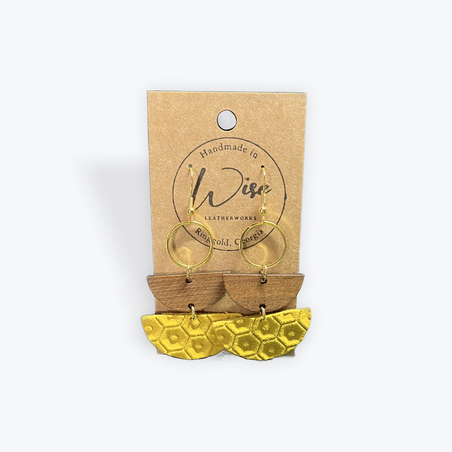 Yellow Honeycomb and wood leather dangle earrings with gold colored accents