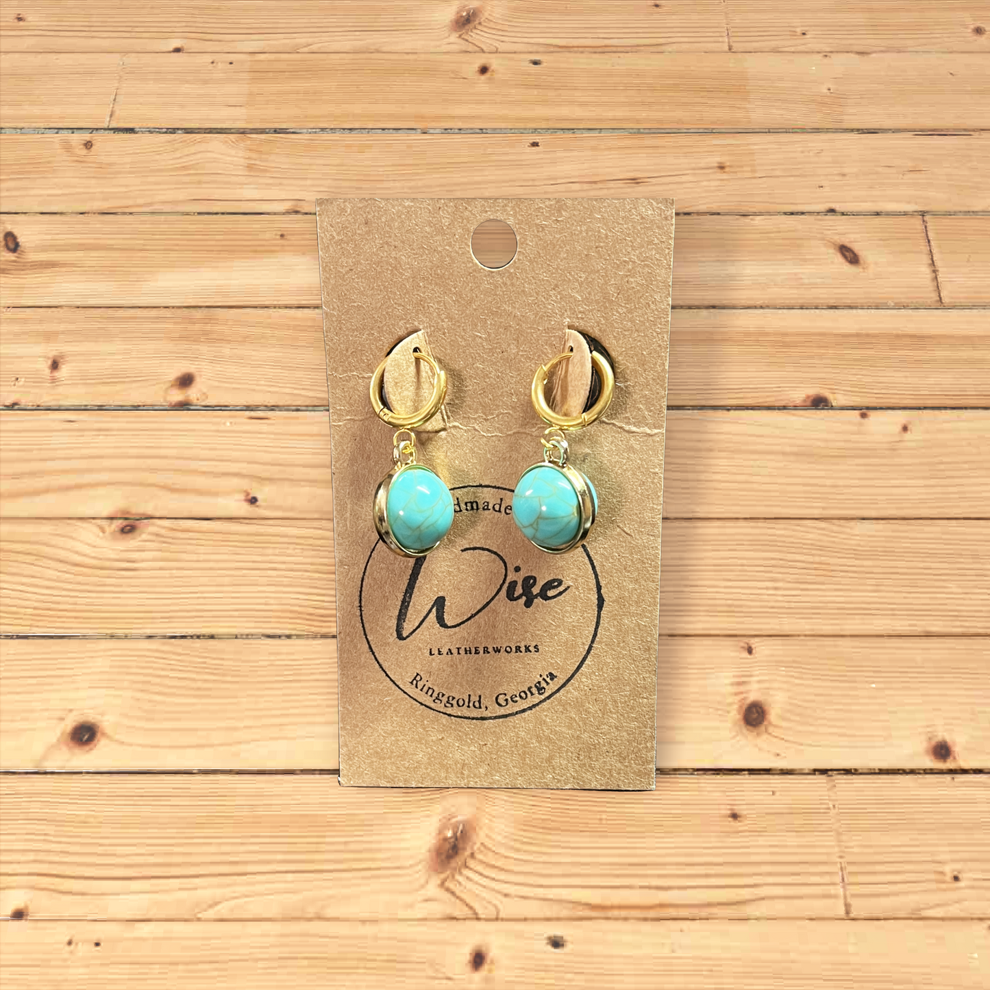 Gold Huggie Hoop Earrings with Turquoise colored charm