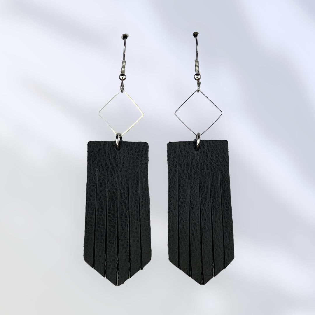 Black leather tassel earrings with metal accents