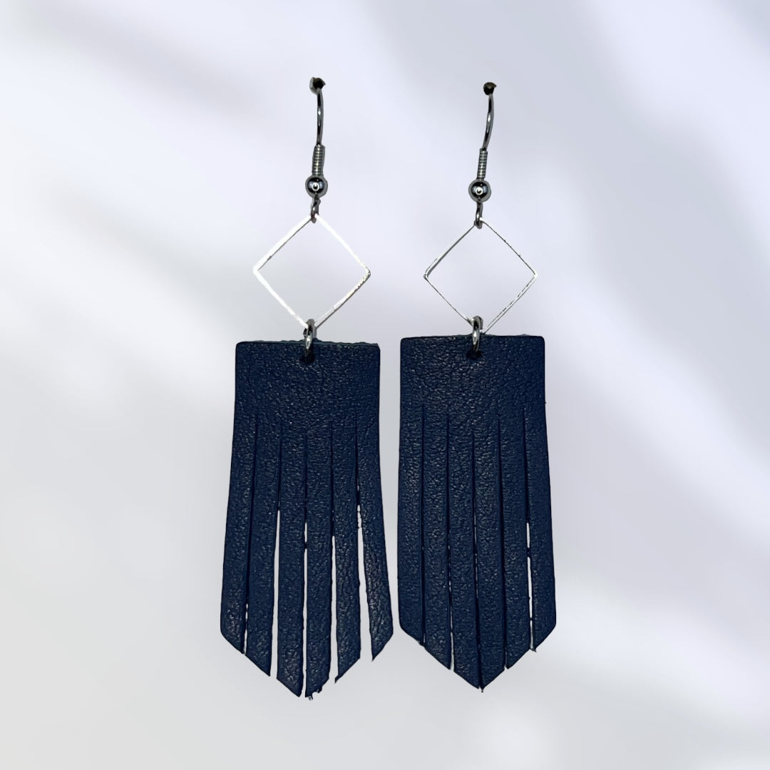 Navy leather tassel earrings with metal accents