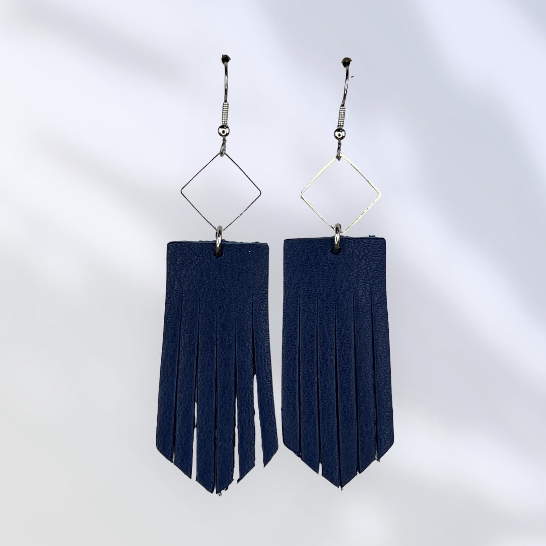 Navy leather tassel earrings with metal accents