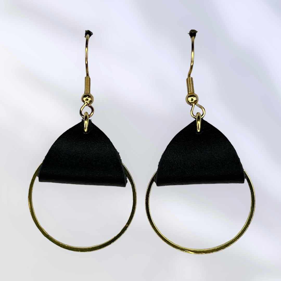 Small gold hoops with black leather accent earrings