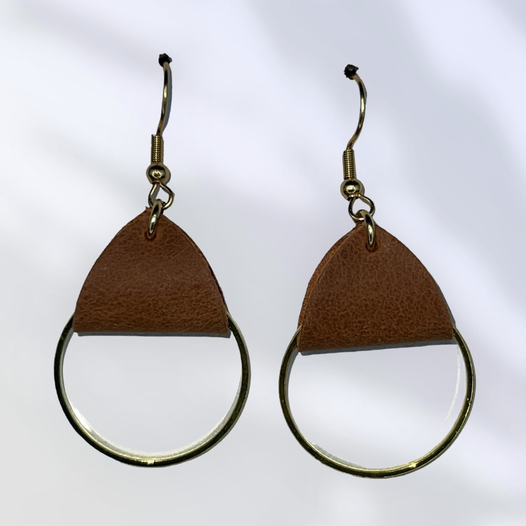 Small gold hoops with Brown leather accent earrings