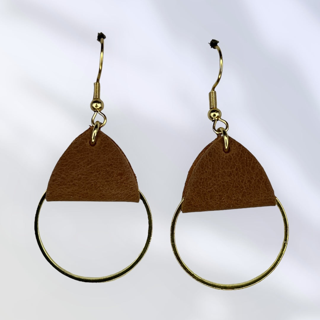 Small gold hoops with Brown leather accent earrings