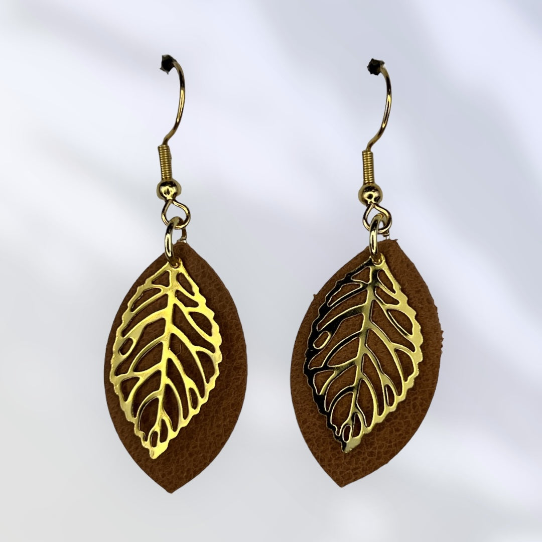 Gold colored leaf with brown leather accent earrings