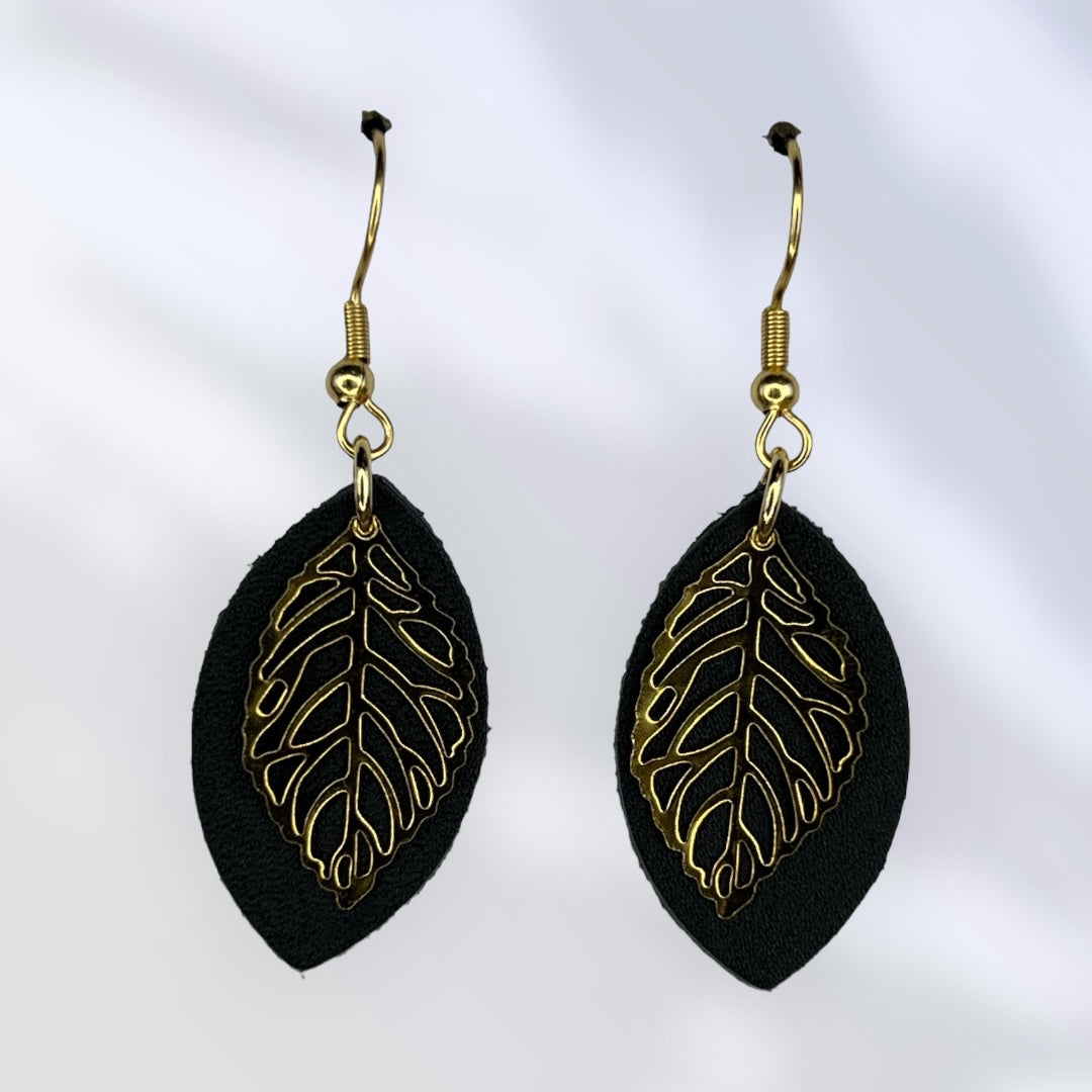 Gold leaf with black leather accent earrings