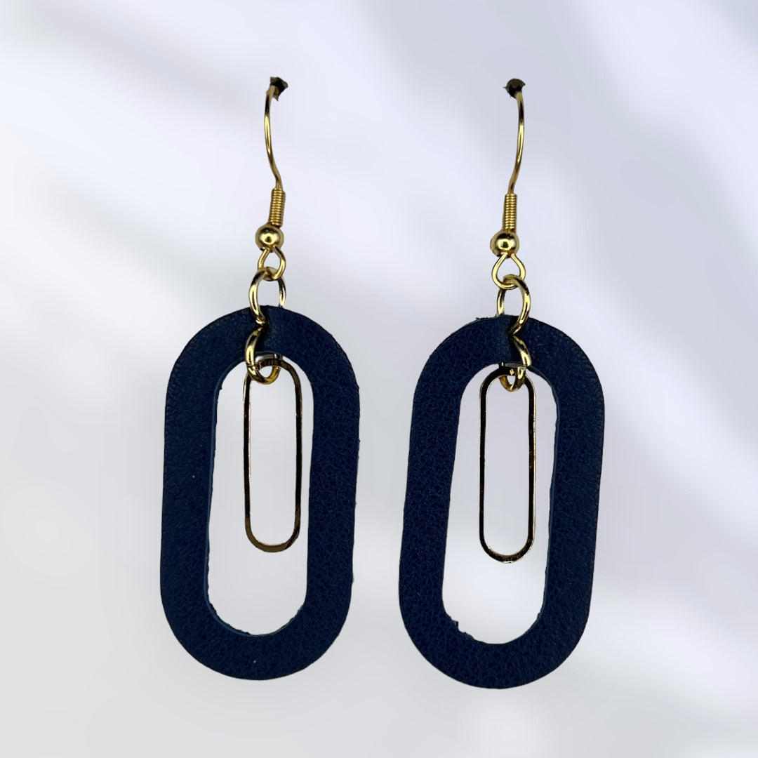 Navy oval leather with gold colored accent earrings