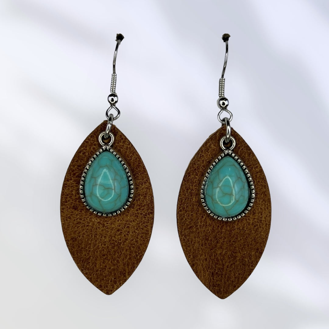 Turquoise charm with brown leather earrings