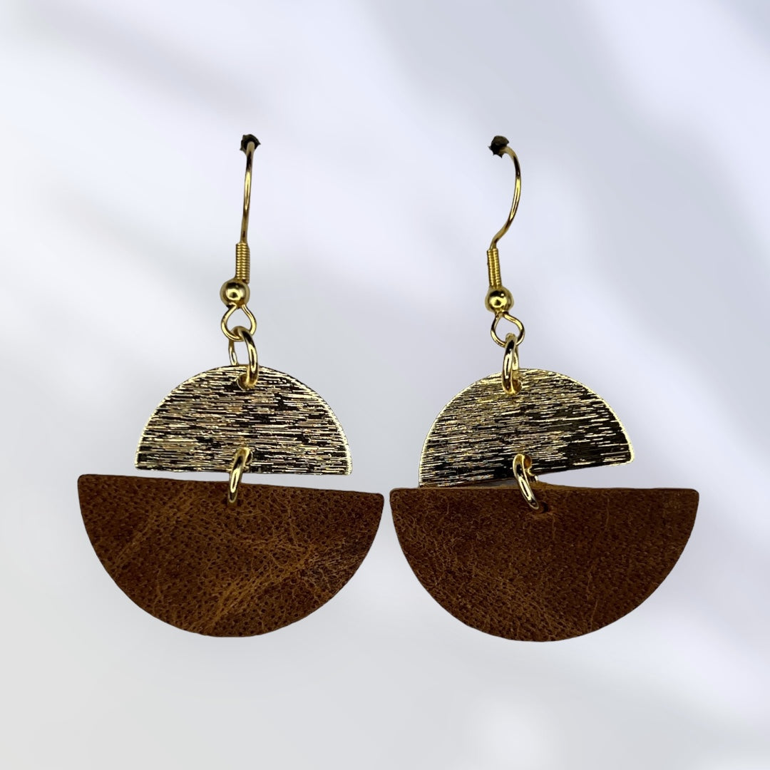 Gold metal with brown leather earrings
