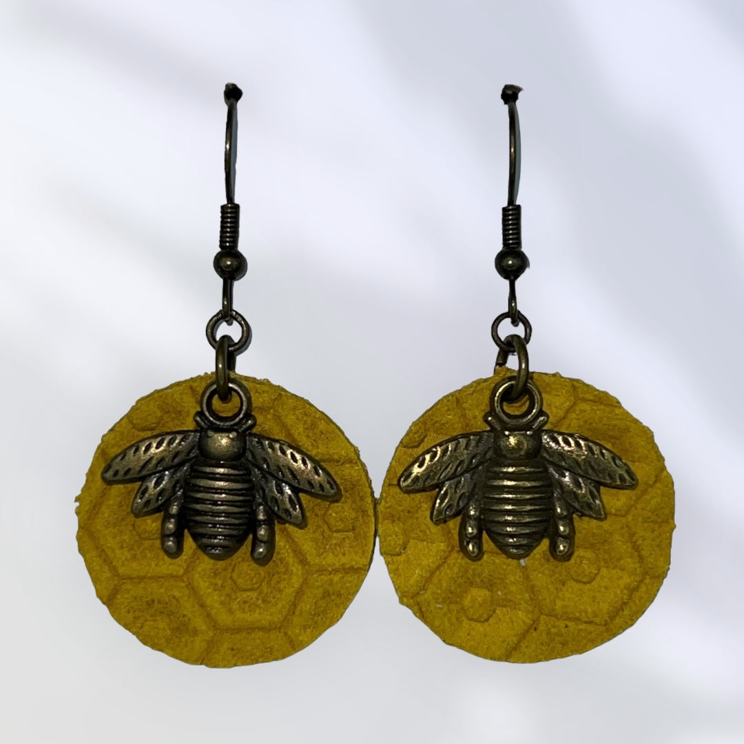 Honey Bee charms with Honey Comb leather earrings