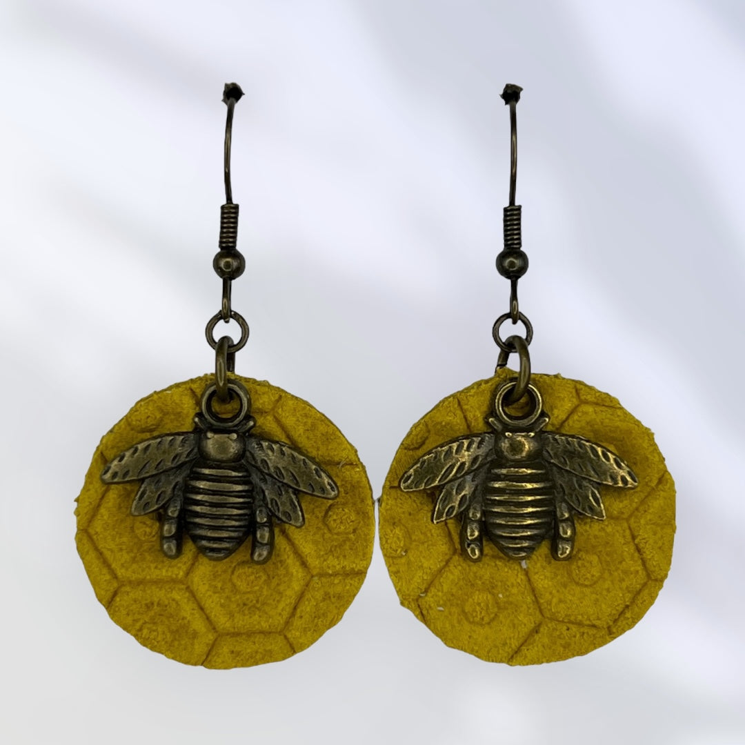 Honey Bee charms with Honey Comb leather earrings