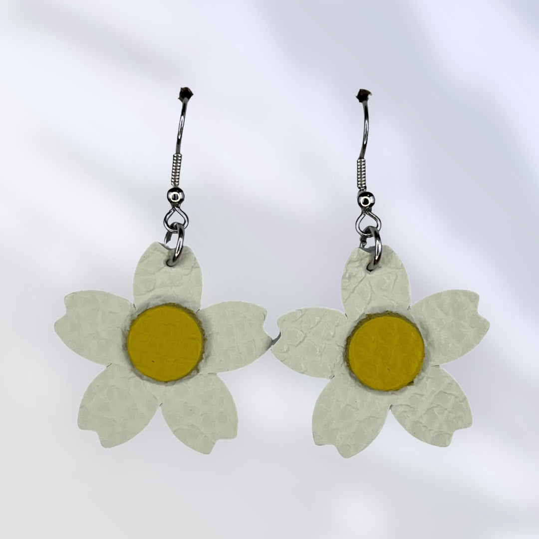 White with yellow leather flower earrings