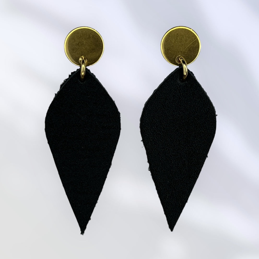 Black dagger leather earrings with gold colored posts - Large