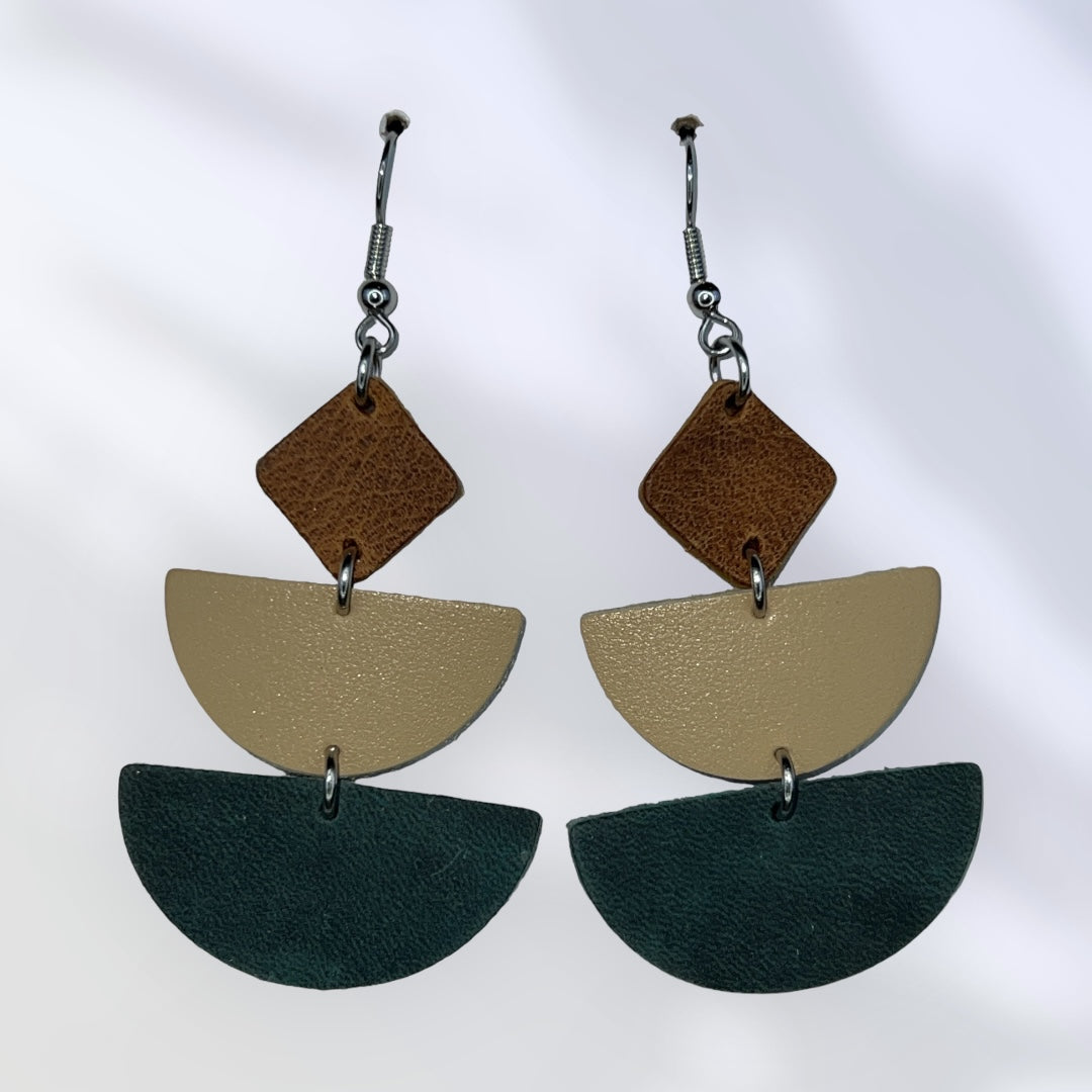 Brown, Cream and Dark Turquoise leather earrings.