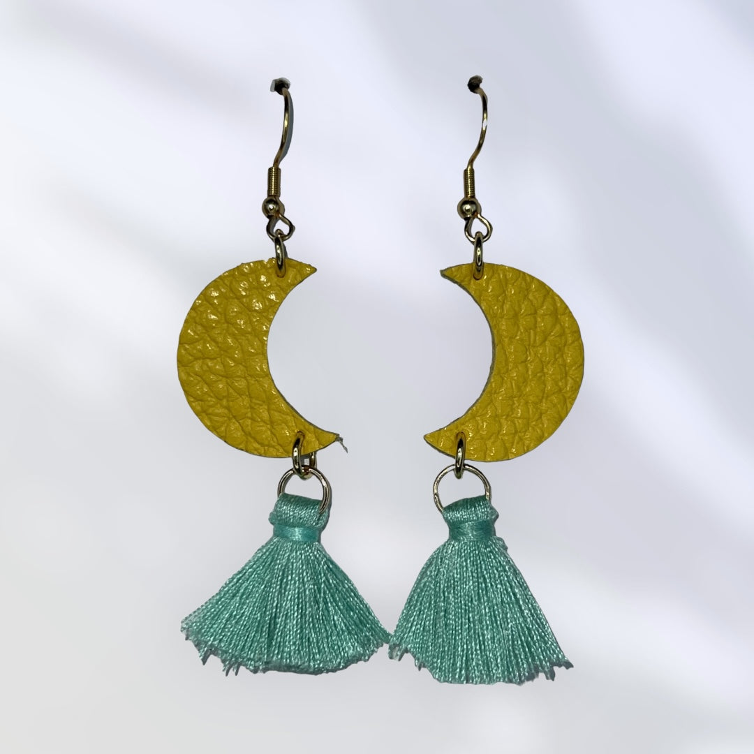 Yellow leather moon earrings with turquoise tassels