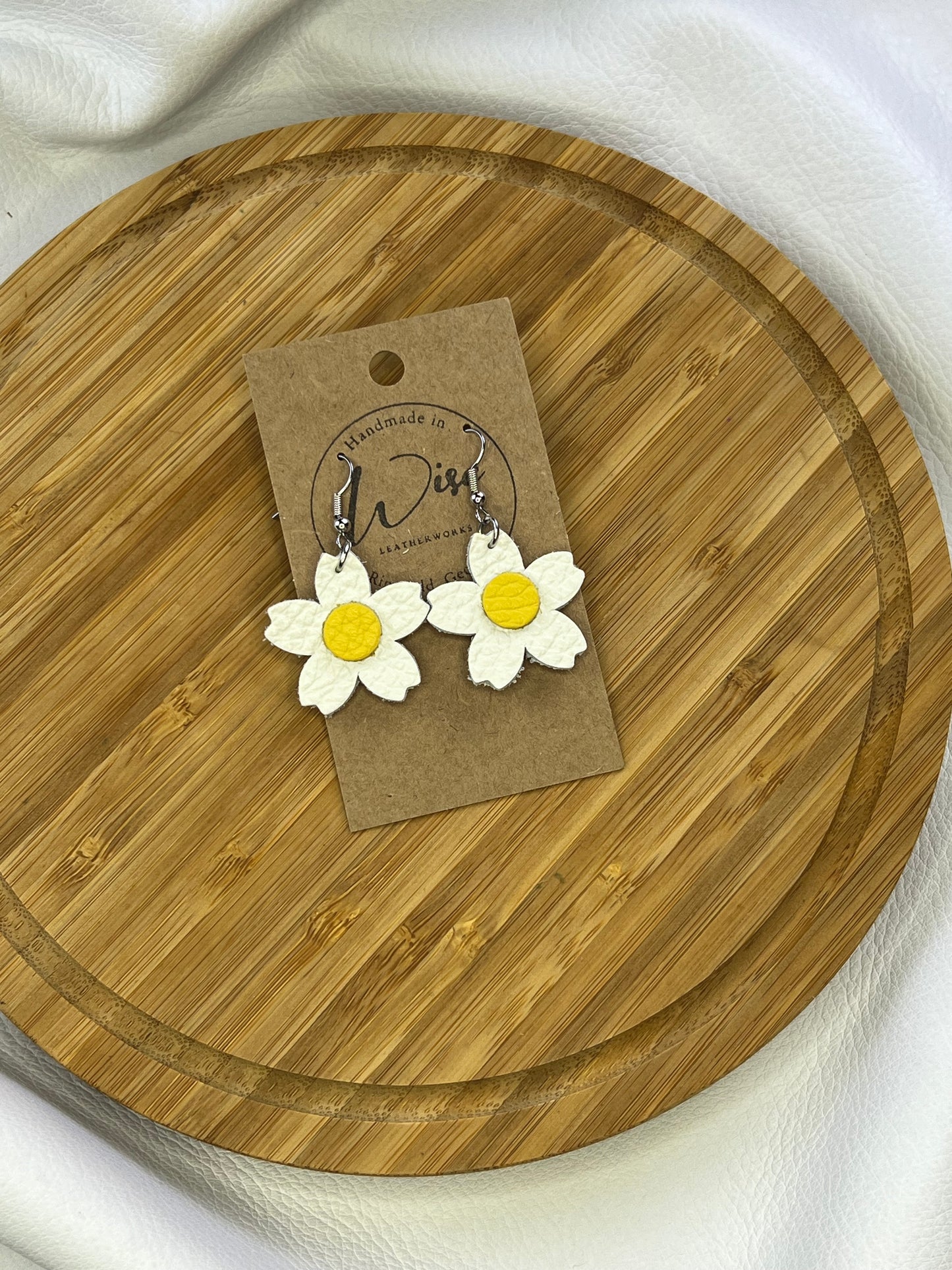 White with yellow leather flower earrings