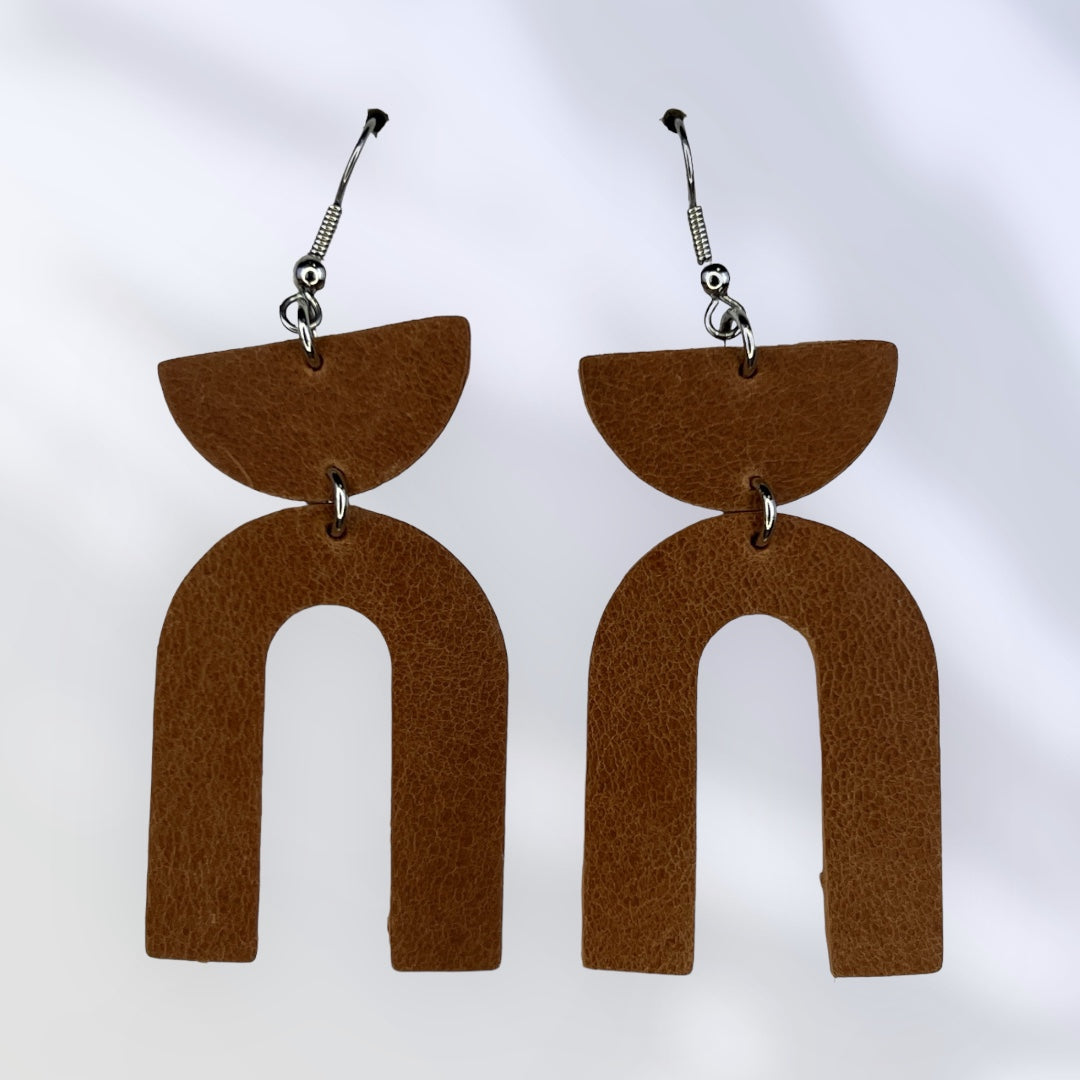 Brown leather arch earrings
