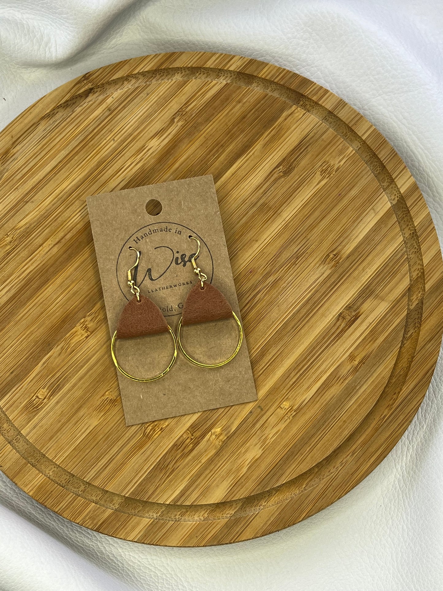 Small gold hoops with Brown leather accent earrings