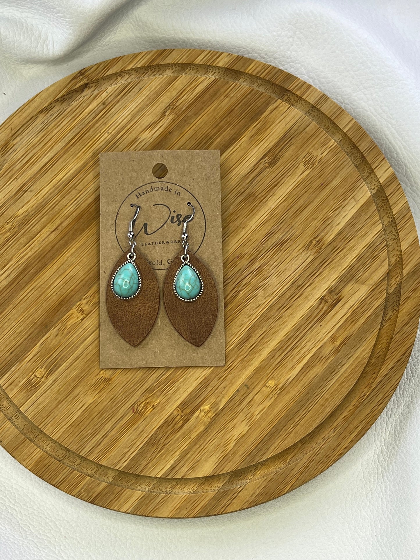 Turquoise charm with brown leather earrings