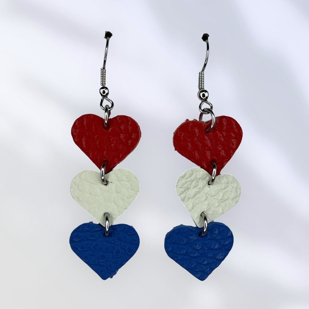 Red White and Blue Leather Heart earrings
