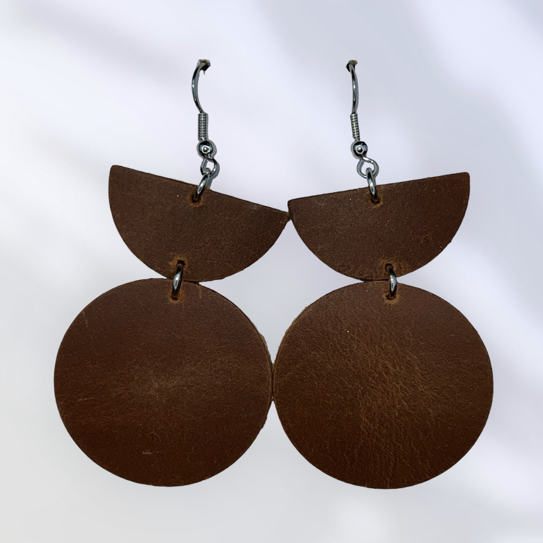 Brown leather circle earrings