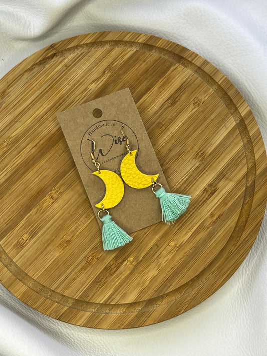 Yellow leather moon earrings with turquoise tassels