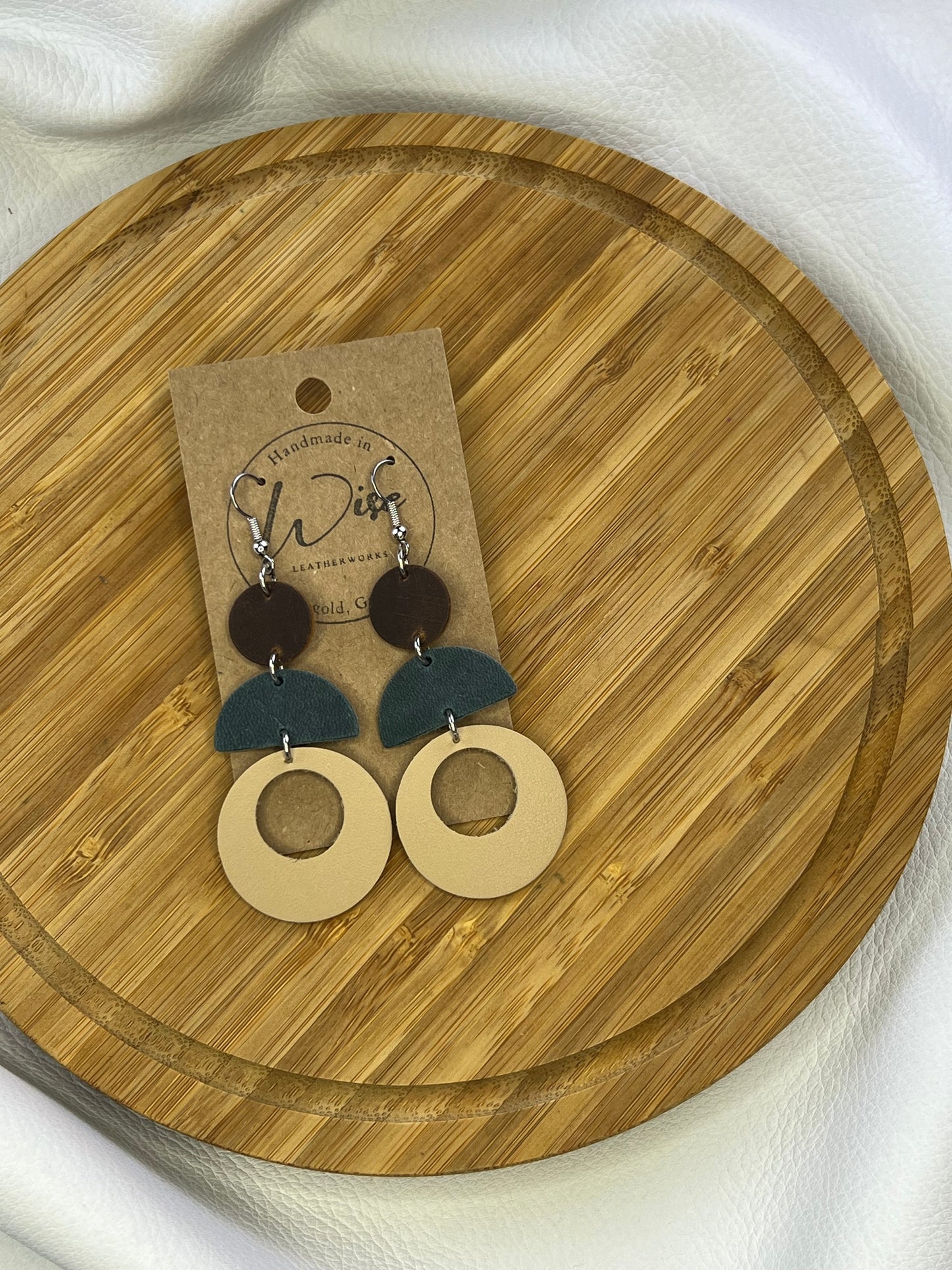 Brown, Dark Turquoise and Cream handmade leather earrings.