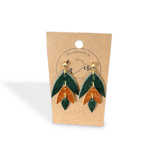 Green and Brown laurel Leather Earrings