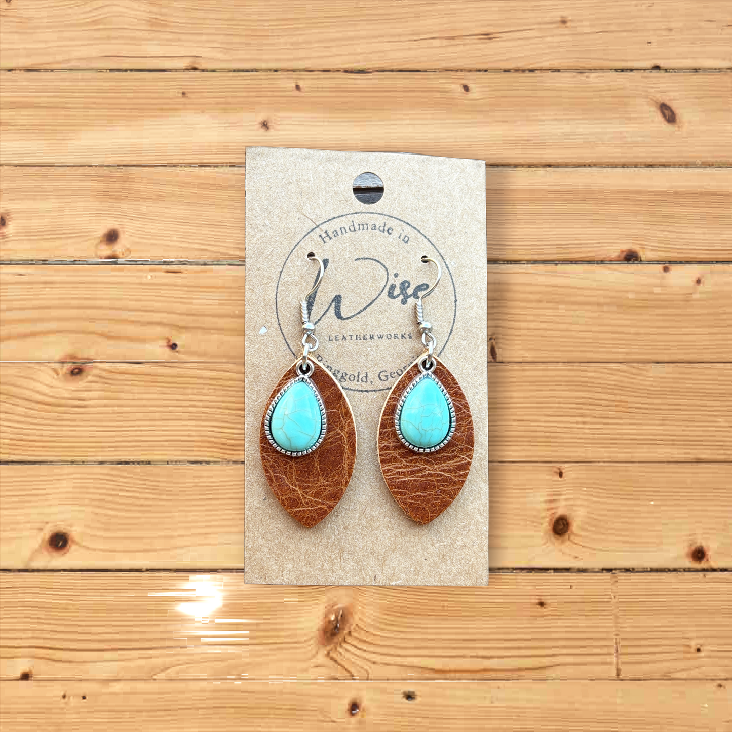 Turquoise charm with brown leather earrings
