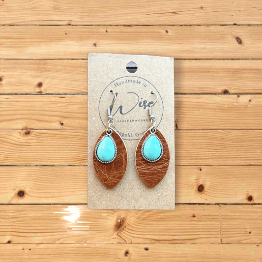 Turquoise charm with brown leather earrings