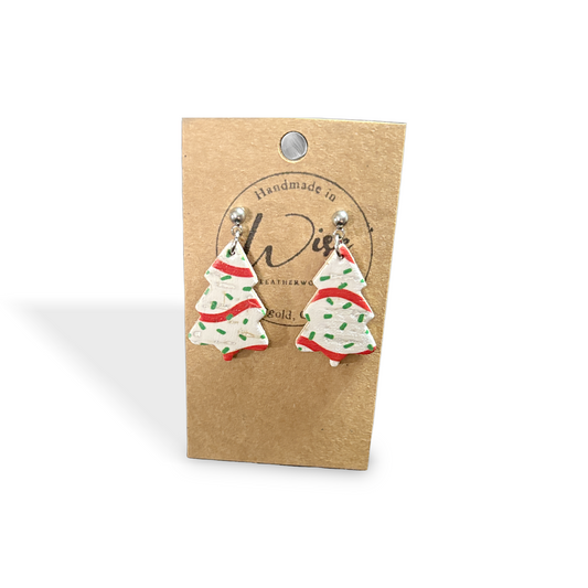 Christmas Tree Cake Leather and Cork Earrings with Stainless Steel Post - Holiday Collection