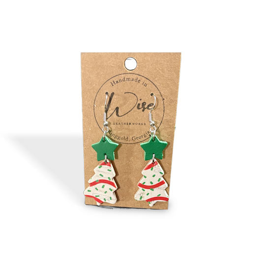 Christmas Tree Cake Leather and Cork Earrings with Stainless Steel earring wire - Holiday Collection