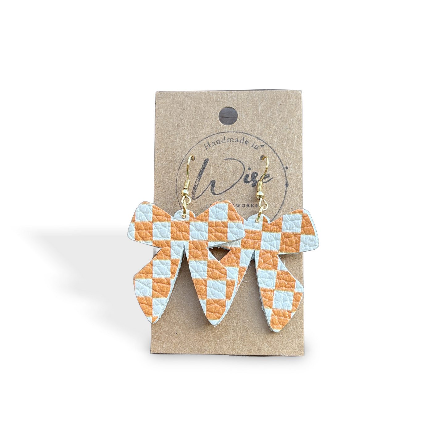 Orange and White checkerboard Bow leather earrings Limited Gold Tone