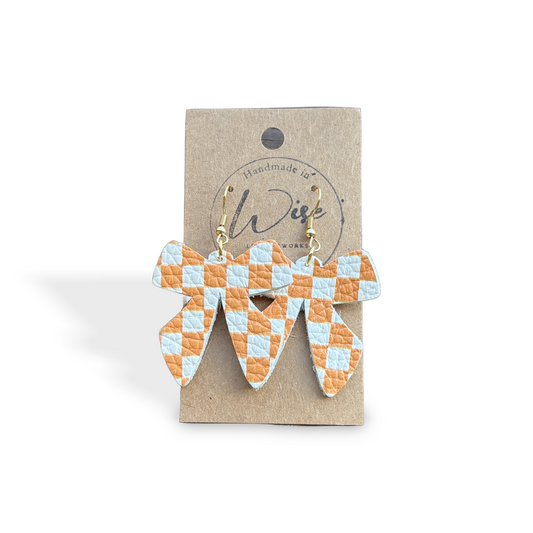 Orange and White checkerboard Bow leather earrings Limited Gold Tone