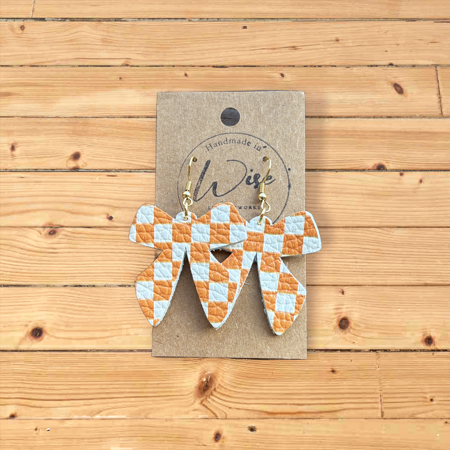 Orange and White checkerboard Bow leather earrings Limited Gold Tone