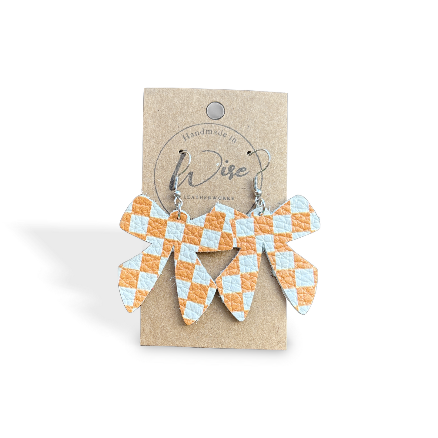 Orange and White checkerboard Bow leather earrings Limited