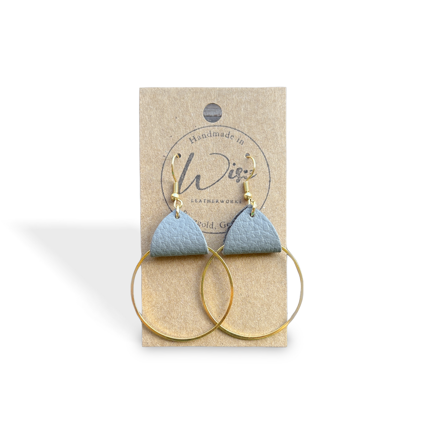 Gray Leather and  Hoop earrings.  Metal is Gold Tone