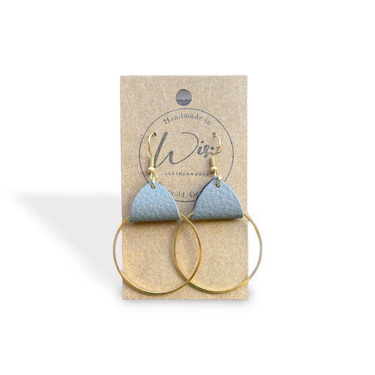 Gray Leather and  Hoop earrings.  Metal is Gold Tone