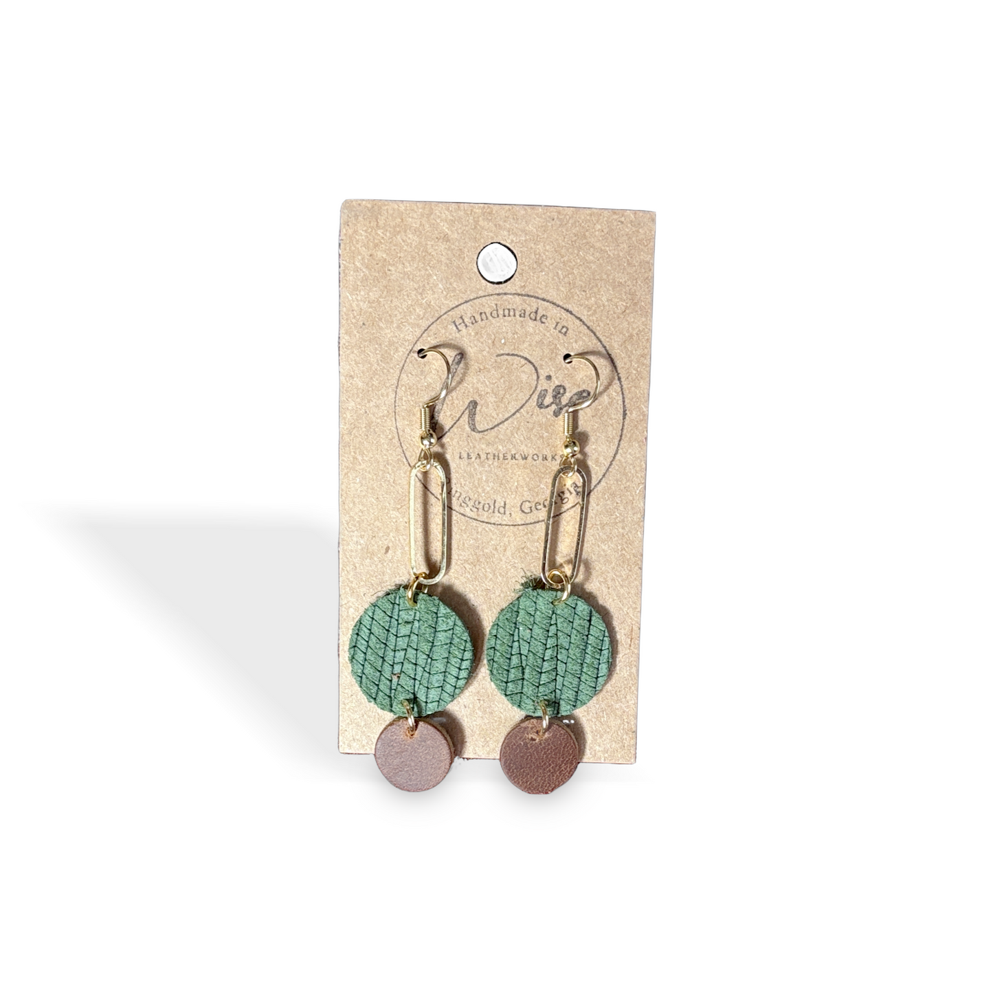 Green and Brown leather dangle earrings with Gold colored accents